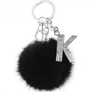 TEH Fluffy Black Pompom Faux Rabbit Fur Ball Keychains Crystal Letters Key Rings Key Holder Trendy Jewelry Bag Accessories Gift