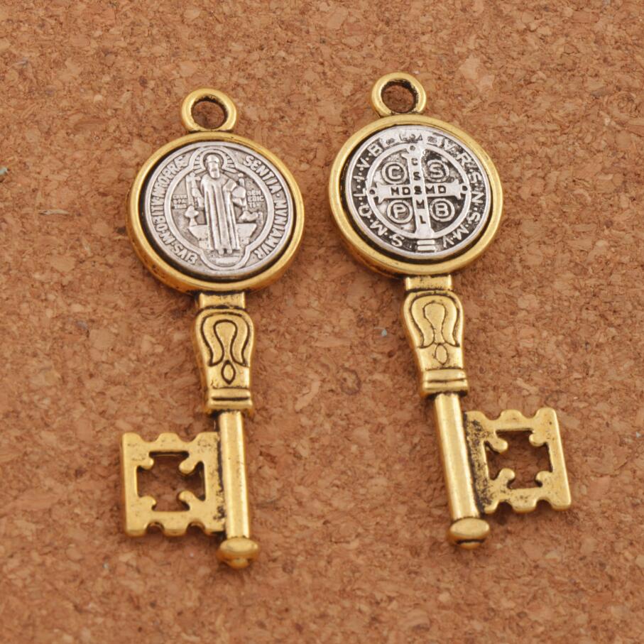 5pcs  Antique Silver and Gold Saint St Benedict Medal Cross Key Spacer Charm Beads Pendants Alloy Handmade Jewelry DIY L1692