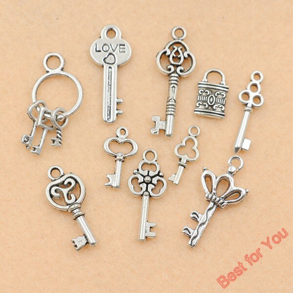 Mix Antique Silver Plated Key Lock Love Charm Pendants for Bracelet Necklace Accessories Diy Jewelry Making Handmade 10pcs