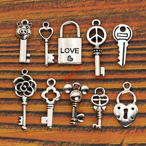 Mix Antique Silver Plated Key Lock Love Charm Pendants for Bracelet Necklace Accessories Diy Jewelry Making Handmade 10pcs